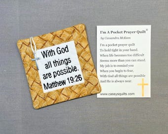 Pocket Prayer Quilt with Cross - Matthew 19:26 Embroidered Scripture
