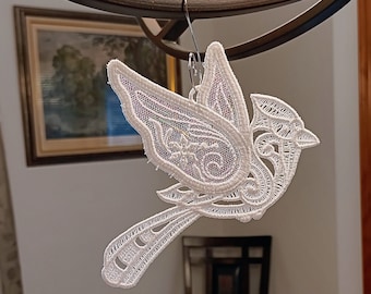 White Cardinal Christmas Ornament with Sparkling Iridescent Wings - Embroidered  Free Standing Lace