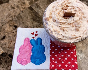 Valentine's Day Mug Rug: Bunny Rectangle Coaster - Gift for Coffee Lovers