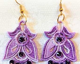 Angel or Tulip Earrings - Rhinestones - Embroidered Free Standing Lace