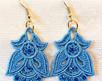 Angel or Tulip Earrings - Rhinestones - Embroidered Free Standing Lace