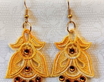 Angel or Tulip Earrings - Rhinestones - Embroidered Free Standing Lace