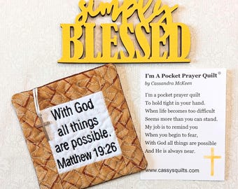 Pocket Prayer Quilt With Cross & Back Pocket - Embroidered With Scripture "With God All Things Are Possible" Matthew 19:26