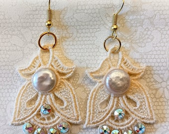 Angel or Tulip Earrings - Button Freshwater Pearls - Embroidered Free Standing Lace