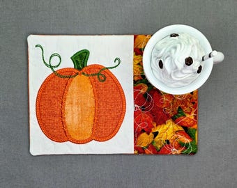 Pumpkin Mug Rug: Fall Leaves Rectangle Coaster - Gift for Coffee & Tea Lovers