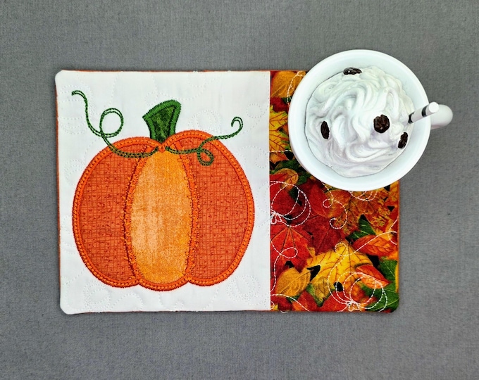 Featured listing image: Pumpkin Mug Rug: Fall Leaves Rectangle Coaster - Gift for Coffee & Tea Lovers