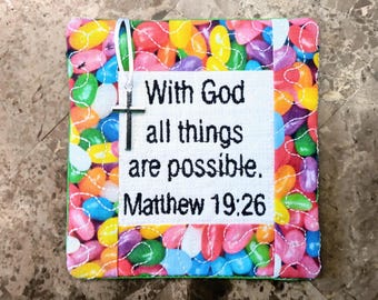 Easter Pocket Prayer Quilt with Cross - Matthew 19:26 Embroidered Scripture