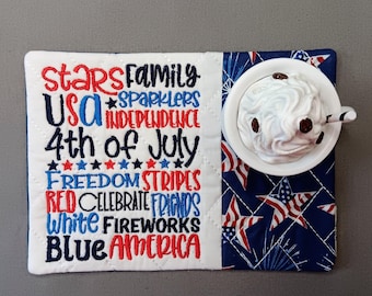 Patriotic Word Art Mug Rug Stars With USA Flags Rectangle Coaster 4th of July Independence Veteran's Day Coffee Tea Lover's Gift