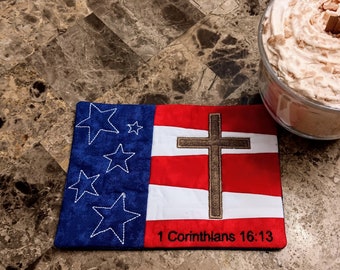 USA Flag  Mug Rug - Ideal Gift for Coffee and Tea Lovers - Fabric Rectangle Coaster
