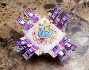 Mini Pin Cushion with Secure Clip Flanges - Embroidered Dresden Flower