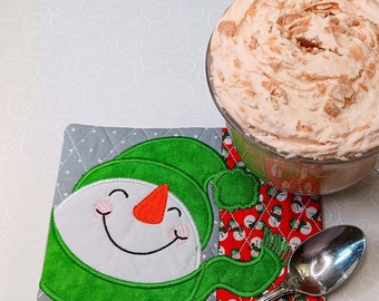 Cheerful Snowman Mug Rug - Ideal Gift for Coffee and Tea Lovers - Fabric Rectangle Coaster
