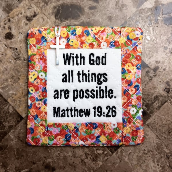 With God All Things Are Possible Pocket Prayer Quilt with Cross & Back Pocket for Prayer Cards Includes I'm A Pocket Prayer Quilt Poem Card
