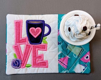 Love Mug Rug - Ideal Gift for Coffee and Tea Lovers - Fabric Rectangle Coaster