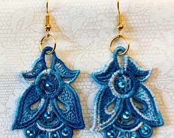 Angel or Tulip Earrings - Rhinestones - Embroidered Free Standing Lace