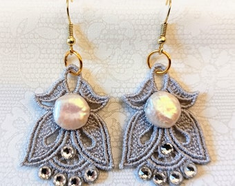 Angel or Tulip Earrings - Button Freshwater Pearls - Embroidered Free Standing Lace