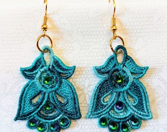 Angel or Tulip Earrings - Rhinestones - Embroidered Free Standing Lace