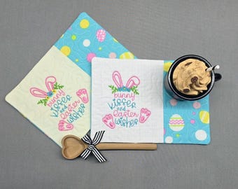 Easter Mug Rug: Bunny  Rectangle Coaster - Gift for Coffee Lovers