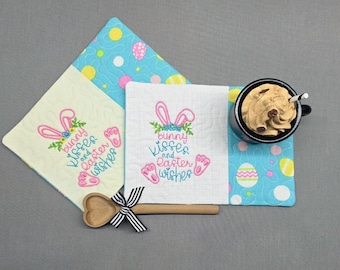 Easter Mug Rug: Bunny  Rectangle Coaster - Gift for Coffee Lovers