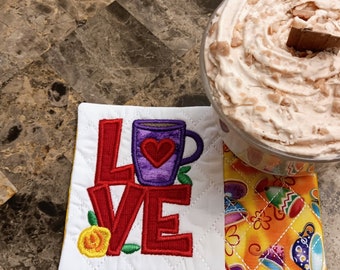 Love Coffee Mug Rug - Ideal Gift for Coffee and Tea Lovers - Fabric Rectangle Coaster