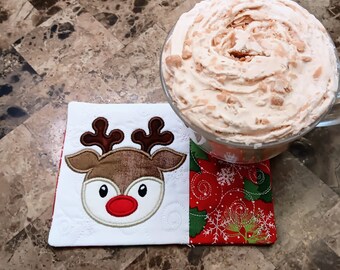 Christmas Mug Rug: Reindeer Rectangle Coaster - Gift for Coffee Lovers