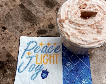 Hanukkah Mug Rug: Peace Light Joy Rectangle Coaster - Gift for Coffee Lovers