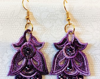 Angel Earrings With Rhinestones - Embroidered Free Standing Lace