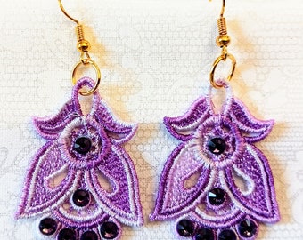 Angel Earrings With Rhinestones - Embroidered Free Standing Lace