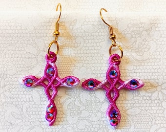 Cross Earrings With Rhinestones - Embroidered Free Standing Lace