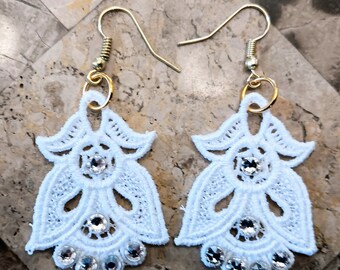 Angel or Tulip Earrings - Rhinestones - Embroidered Free Standing Lace