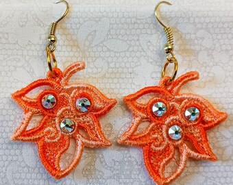 Fall Leaf Earrings - Rhinestones - Embroidered Free Standing Lace