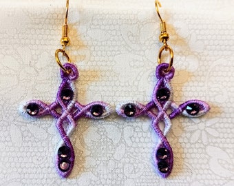 Cross Earrings With Rhinestones - Embroidered Free Standing Lace