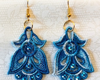 Angel Earrings With Rhinestones - Embroidered Free Standing Lace