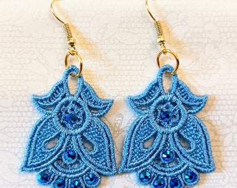 Angel Earrings With Rhinestones - Embroidered Free Standing Lace