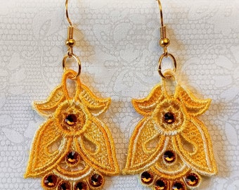 Angel Earrings With Rhinestones - Embroidered Free Standing Lace