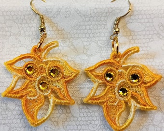 Fall Leaf Earrings - Rhinestones - Embroidered Free Standing Lace