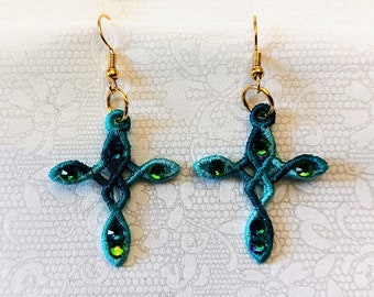 Cross Earrings With Rhinestones - Embroidered Free Standing Lace