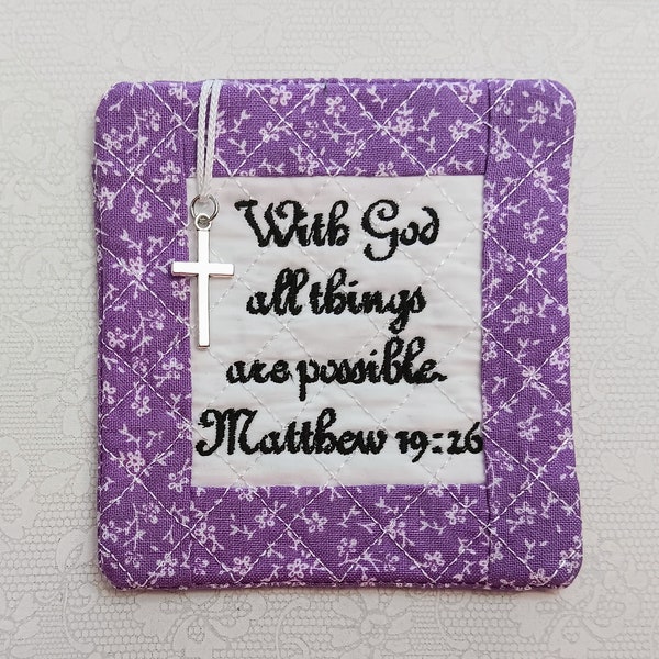 With God All Things Are Possible Pocket Prayer Quilt with Cross & Back Pocket for Prayer Cards Includes I'm A Pocket Prayer Quilt Poem Card