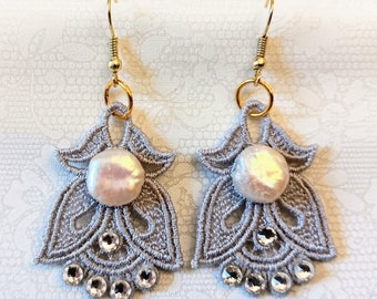 Angel Earrings - Button Freshwater Pearls - Embroidered Free Standing Lace