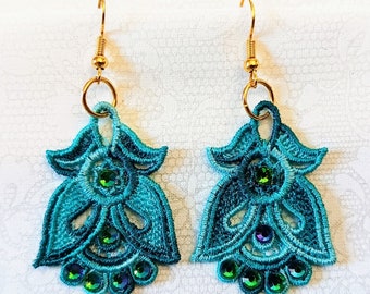Angel Earrings With Rhinestones - Embroidered Free Standing Lace
