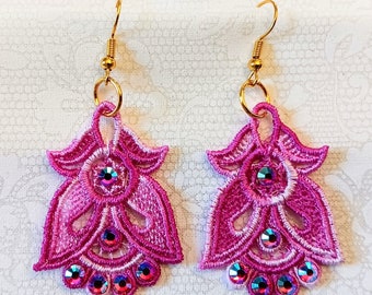 Angel Earrings With Rhinestones - Embroidered Free Standing Lace