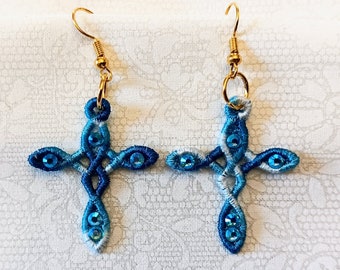 Cross Earrings With Rhinestones - Embroidered Free Standing Lace