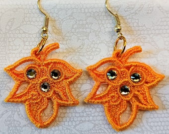 Fall Leaf Earrings - Rhinestones - Embroidered Free Standing Lace