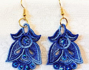 Angel Earrings With Rhinestones - Embroidered Free Standing Lace
