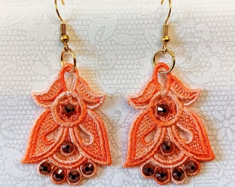 Angel Earrings With Rhinestones - Embroidered Free Standing Lace