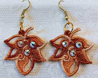Fall Leaf Earrings - Rhinestones - Embroidered Free Standing Lace