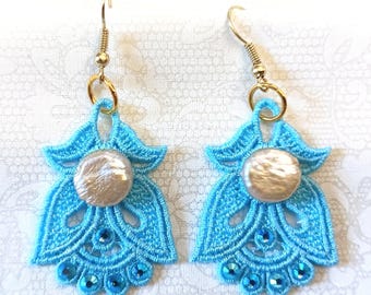 Angel Earrings With Rhinestones & Button Freshwater Pearls - Embroidered Free Standing Lace