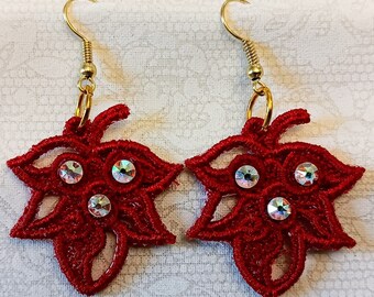 Fall Maple Leaf Earrings - Rhinestones - Embroidered Free Standing Lace