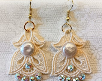 Angel Earrings With Rhinestones & Button Freshwater Pearls - Embroidered Free Standing Lace