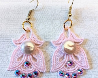 Angel Earrings With Rhinestones & Button Freshwater Pearls - Embroidered Free Standing Lace