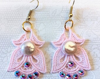 Angel or Tulip Earrings - Button Freshwater Pearls - Embroidered Free Standing Lace